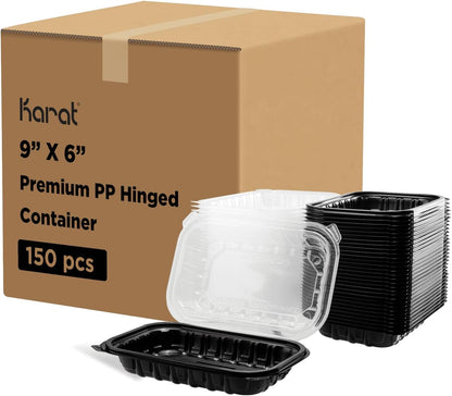 Karat Premium PP Hinged Container [150 ct], Take Out Food Containers - Case (9"x9", 3 compartments)