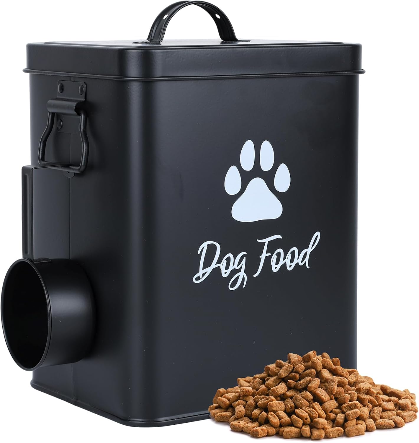 Dog Food Container 13lb, Cute Airtight Pet Food Storage Containers with Metal Lid Scoop, Black Metal Storage Bin for Dog/Cat with Wheels,Easy to Move