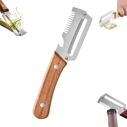 3 in 1 peeler and slicer tool, Serrated Peeling Knife Premium Vegetable Peeler, Multi-function Stainless Steel Thickened Fruit PeelersWooden Handle and Bottle Opener for Fruits and Vegetables (1)