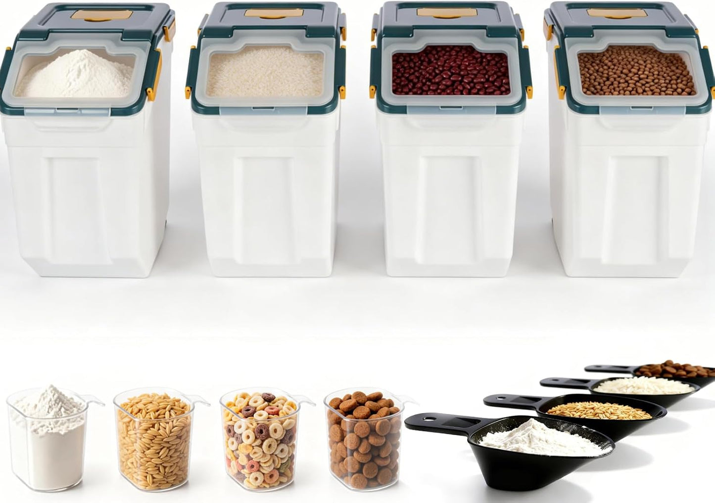 RUIAN 2Pcs Large Flour Storage Container Bin 50Lb Airtight Rice Storage Containers with Wheels Seal Locking Lid, BPA Free with Measuring Cup&Scoop for Flour, Rice, Grain 100LBS Total (Blue)