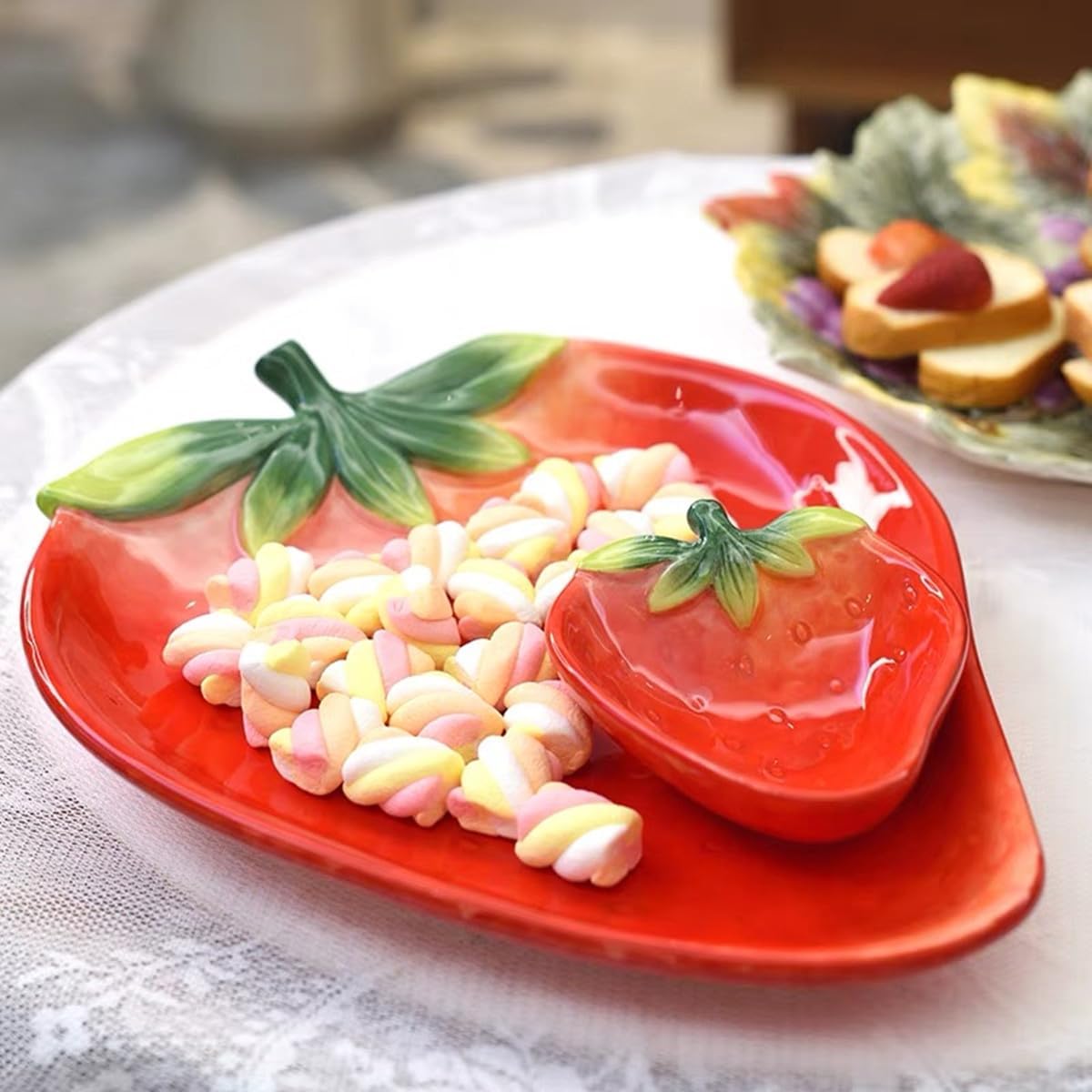 Ceramic Red Strawberry Chip and Dip Serving Trays, Appetizers and Cheeses Serving Platter, Ideal for Snacks, Veggies, Fruit-11inches