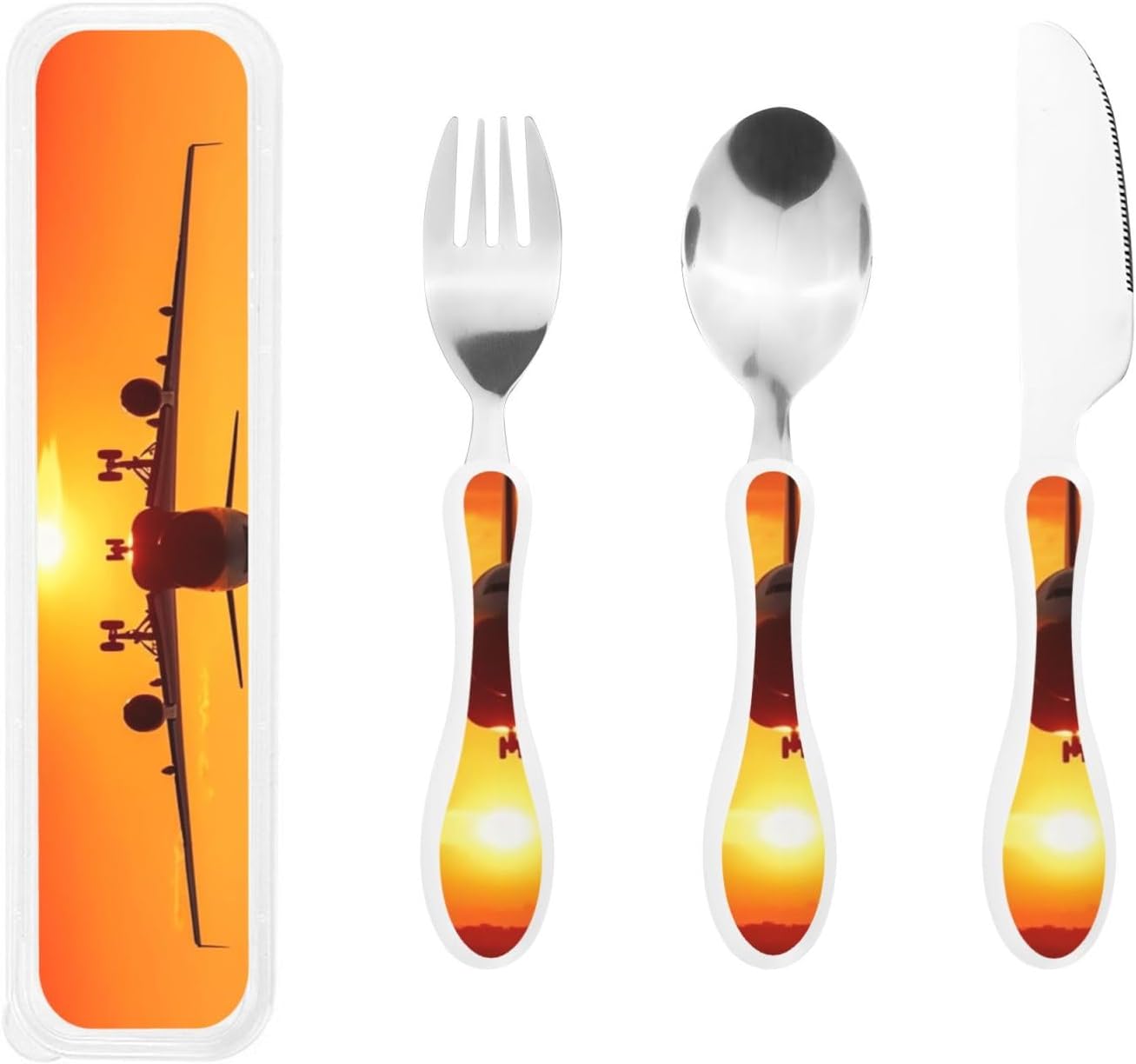 3-Piece Kids Silverware Set With Storage Case, Stainless Steel Reusable Children Safe Knife Spoon Fork Set Airplane Sunset Children Flatware Set For Kids Lunch Box