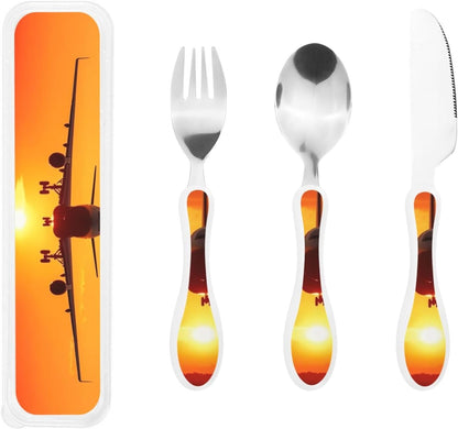 3-Piece Kids Silverware Set With Storage Case, Stainless Steel Reusable Children Safe Knife Spoon Fork Set Airplane Sunset Children Flatware Set For Kids Lunch Box