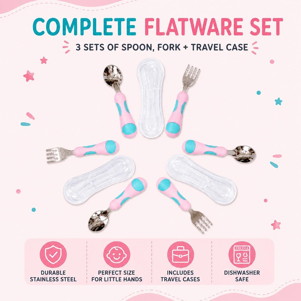 kinsho Toddler Utensils - Kids Silverware Set with Travel Case 3 pack - Stainless Steel Forks Spoons for 1 2 3 4 Years Old. Metal Lunch Box Cutlery for Children Girls, Round Handle, 6 Pieces Pink Blue