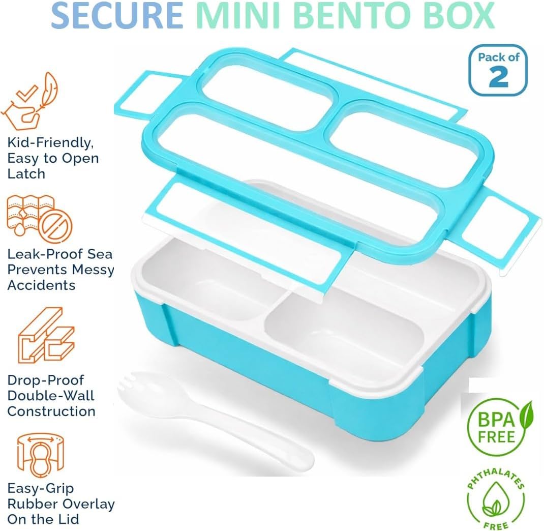 Small Snack Containers for Kids Toddlers - 3 Compartments (Set of 2) - Leak-Proof Reusable Boxes with Lids - BPA-Free Plastic Mini Bento Lunch Box - Holds 2 Cups Capacity (Pastel Blue+Teal Sparkle)
