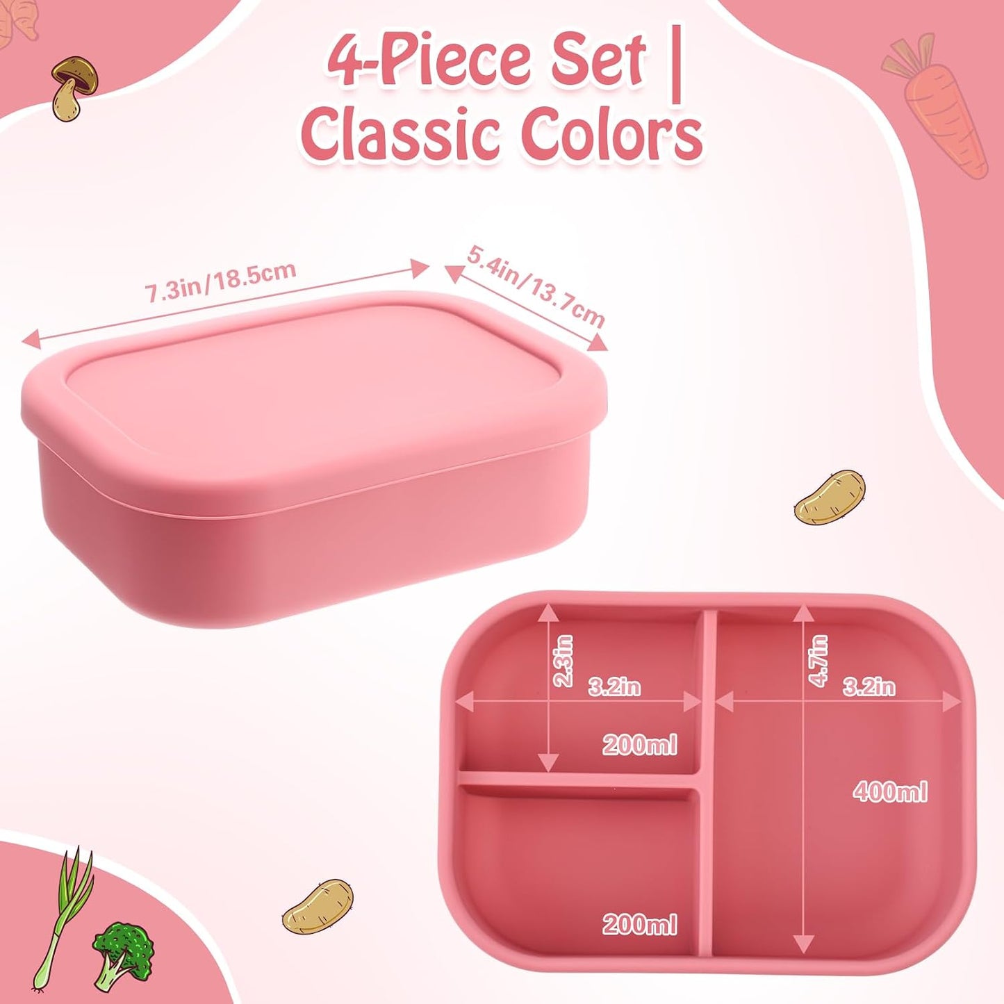 Honeydak 6 Pcs Silicone Bento Box Reusable Silicone Bento Lunch Container for Adults Microwave Dishwasher Freezer Safe 3 Compartment (Light Colors)