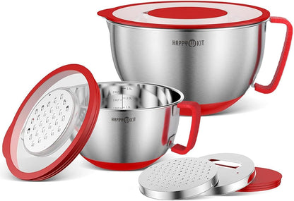 HAPPY KIT 304 Mixing Bowls with Lids Set of 2,Stainless Steel Mixing Bowl with Pour Spout, Non-slip Handle and Bottoms, 3 Grater Attachments, Measurement Marks & Lid, Size 5QT, 3QT(Red)