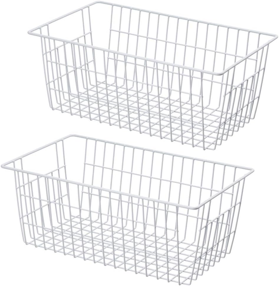 SANNO Freezer Baskets for Storage Pantry Large Metal Wire Food Storage Organizer Bin Basket with Handles - for Kitchen Cabinets, Pantry, Bathroom, Laundry Room, Closets, Garage - Chrome，2 pack