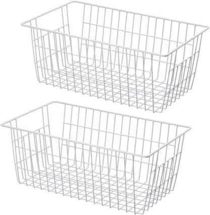 SANNO Freezer Baskets for Storage Pantry Large Metal Wire Food Storage Organizer Bin Basket with Handles - for Kitchen Cabinets, Pantry, Bathroom, Laundry Room, Closets, Garage - Chrome，2 pack