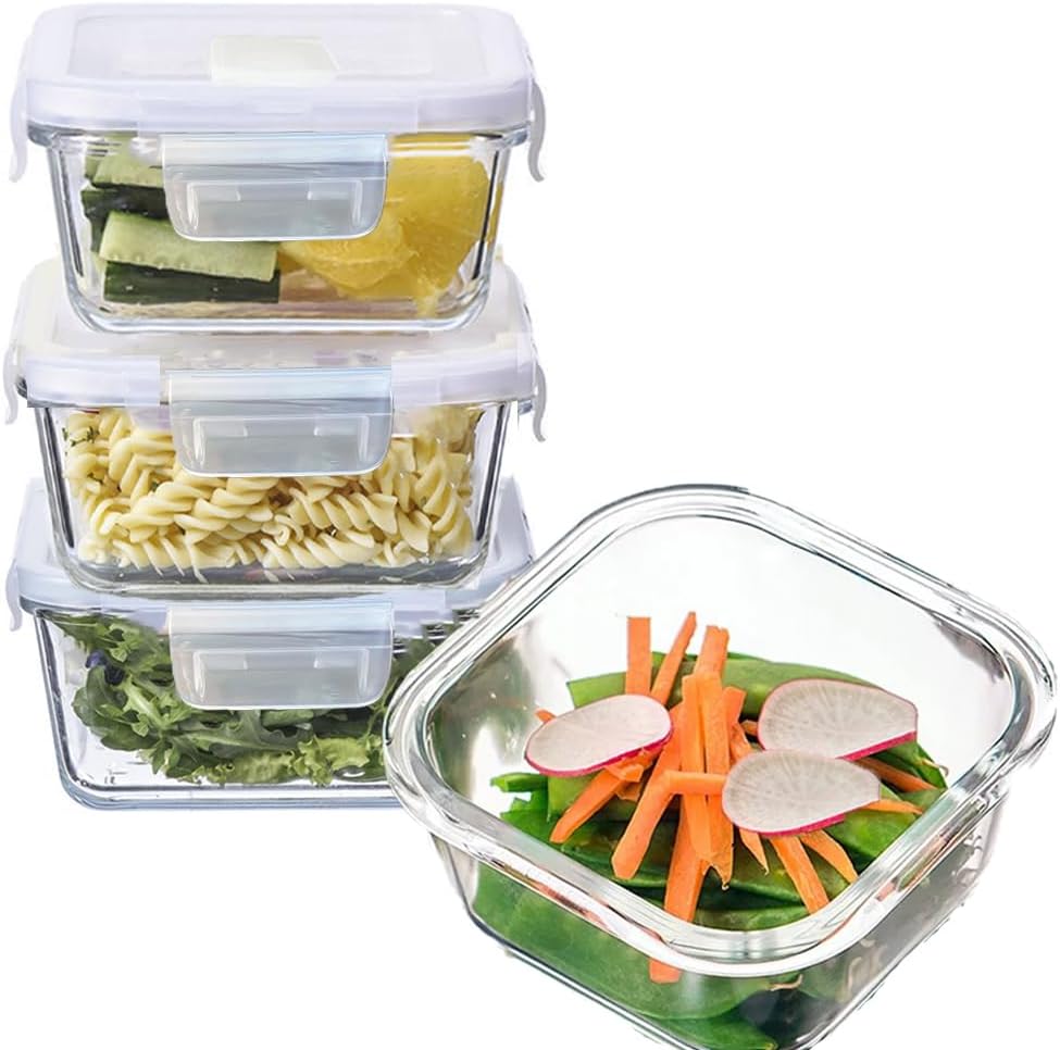 16oz Square Glass Food Storage Containers With Lids, 2 Cup Square Glass Food Containers With Lids, BPA free Small Meal Prep Bowls for leftovers, Dishwasher, Freezer Safe (8Pack)