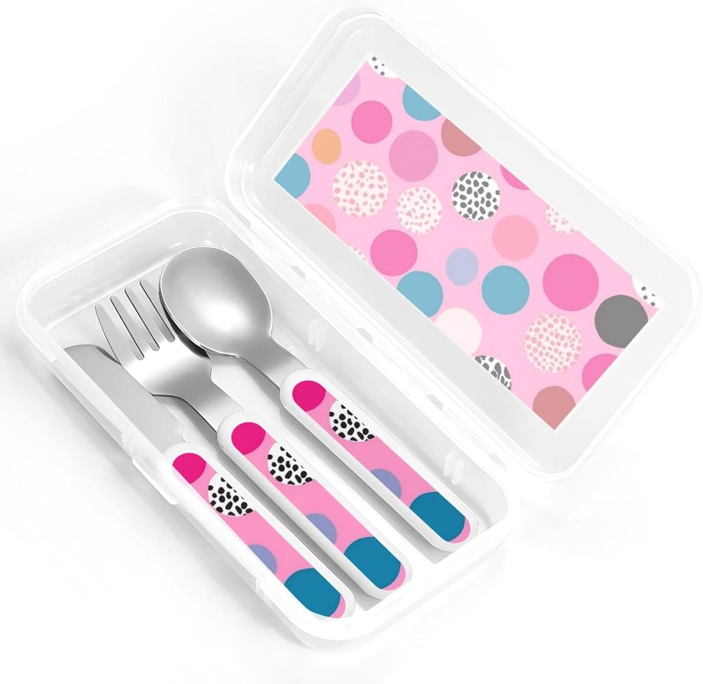 3-Piece Children Utensils Set Crazy polka dots Knife Spoon Fork Set Stainless Steel Silverware Set Easy-Grip Reusable Utensils Set Child Flatware Set with Case for Lunch Travel