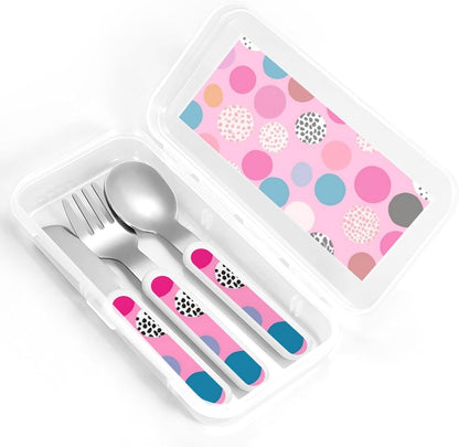 3-Piece Children Utensils Set Crazy polka dots Knife Spoon Fork Set Stainless Steel Silverware Set Easy-Grip Reusable Utensils Set Child Flatware Set with Case for Lunch Travel