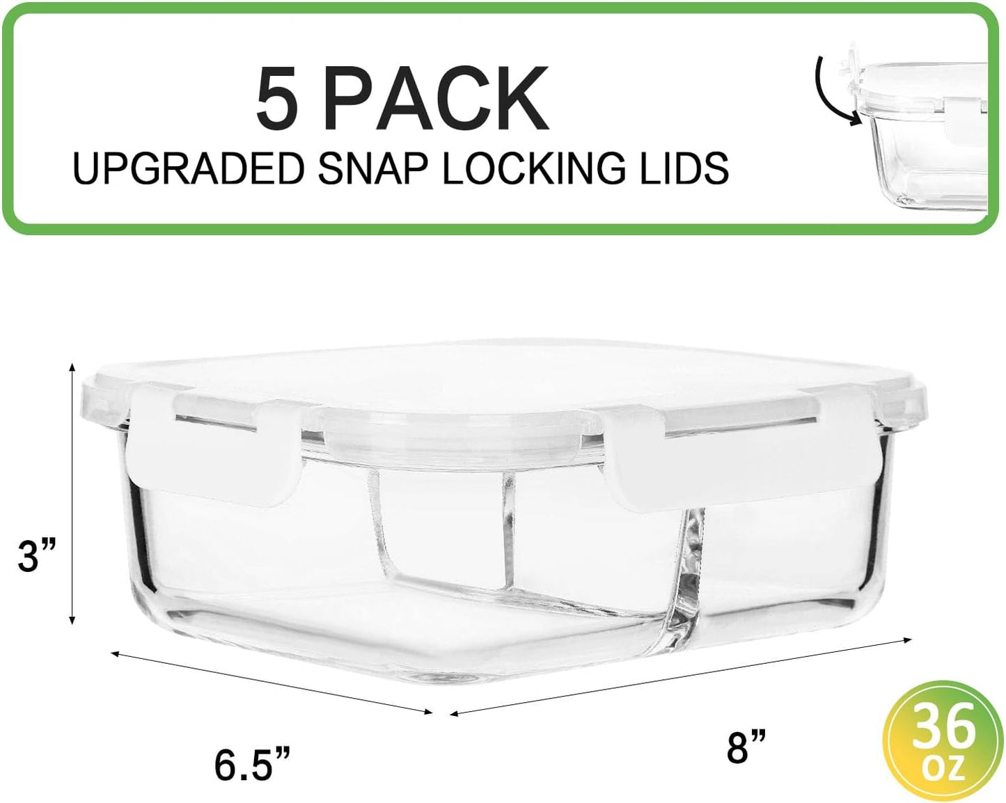 M MCIRCO [5-Pack, 36 oz] Glass Meal Prep Containers 3 Compartment with Lids, Glass Lunch Containers,Food Prep Lunch Box,Bento Box,Microwave, Oven, Freezer, Dishwasher (4.5 Cups, Green)