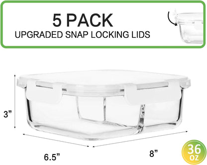 M MCIRCO [5-Pack, 36 oz] Glass Meal Prep Containers 3 Compartment with Lids, Glass Lunch Containers,Food Prep Lunch Box,Bento Box,Microwave, Oven, Freezer, Dishwasher (4.5 Cups, Green)