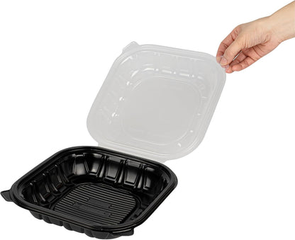 Thermo Tek 40 Ounce Clamshell Containers, 50 Disposable Take Out Boxes - 3 Compartments, Ventilated Lids, Black Plastic Meal Prep Containers, Microwavable, For Pasta Or Salads - Restaurantware