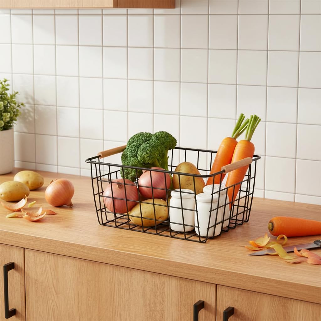 Metal White Wire Basket,Food Storage Organizer with Wooden Handles, pantry organizers and storage for Organizing Kitchen Cabinets potato onion, 2 Packs