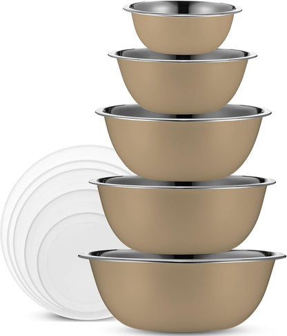 WHYSKO Stainless Steel Mixing Bowl Set, 10 Piece Stainless Steel Mixing Bowls with Lids Set for Food Prep Storage and Serving, Dishwasher Safe for Kitchen Baking Cooking, Silver