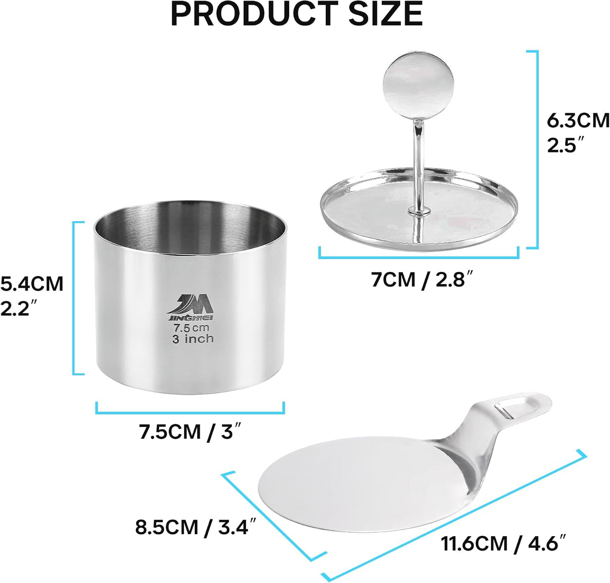 6 Pack Round Cake Ring Molds, Seamless Stainless Steel Cake Cutter with Pusher & Lifter, 3-Inch Dessert Mousse Rings for Baking (Includes 1 Pusher, 1 Lifter and 6 Rings)