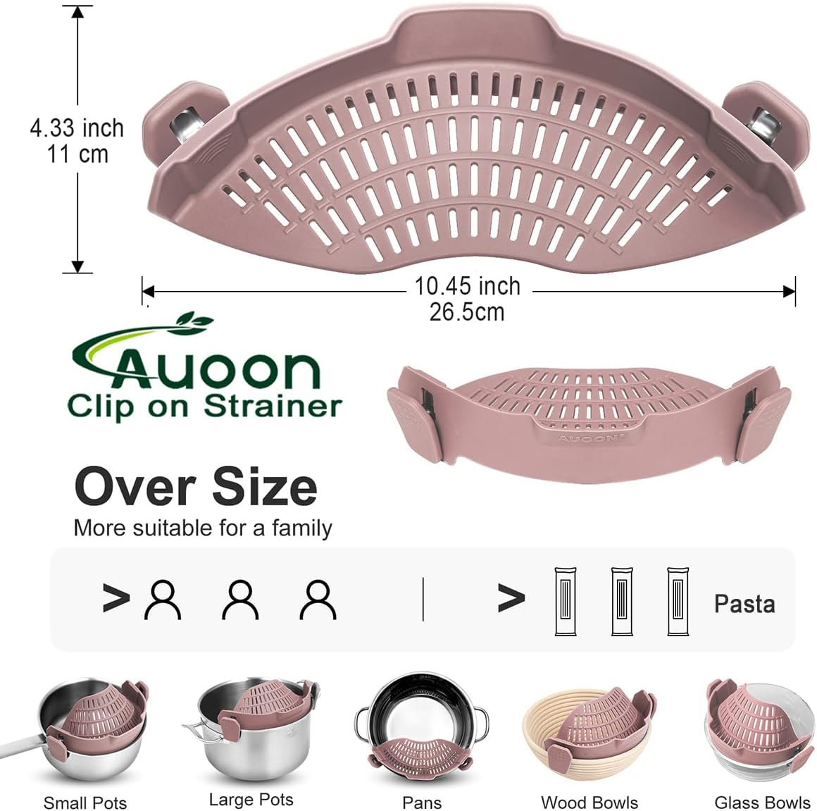 AUOON Clip On Strainer Silicone for All Pots and Pans, Pasta Strainer Clip on Food Strainer for Meat Vegetables Fruit Silicone Kitchen Colander