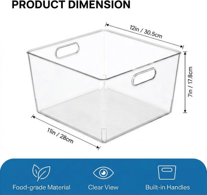 MOONEDGE 4-Pack 10x10x6 Clear Plastic Cube Storage Bins with Handles | Acrylic hard square organizer containers for closet,pantry,fridge,kitchen,bathroom,laundry,under-sink,cabinet organization