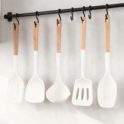 Kitchen Cooking Utensils Set, 6Pcs Silicone Kitchen Utensils Set Spatula Spoon Soup Ladle Turner, Heat Resistant Wooden Handle Silicone Cooking Gadgets for Nonstick Cookware & Baking BPA FREE