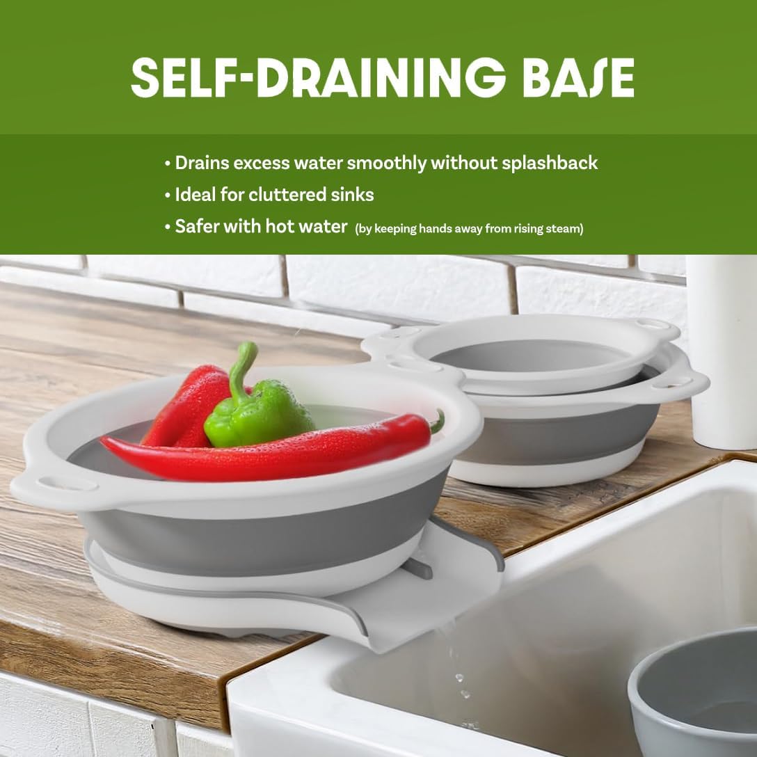 Gevoli 3-Pack Collapsible Colanders with Self-Draining Base, Over Sink-edge Silicone Food Strainers, Small/Med/Large Sizes, Nesting for Easy Compact Storage (3Qt, 4Qt, 5-Quart Set) Green/Gray