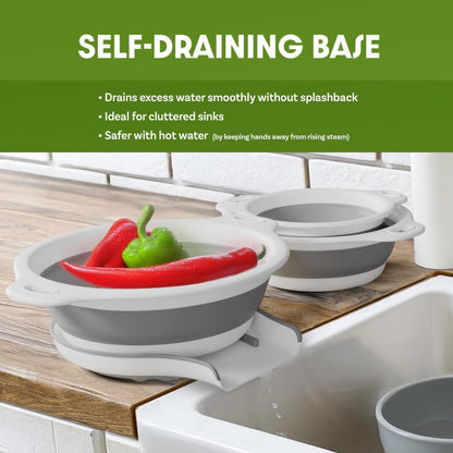 Gevoli 3-Pack Collapsible Colanders with Self-Draining Base, Over Sink-edge Silicone Food Strainers, Small/Med/Large Sizes, Nesting for Easy Compact Storage (3Qt, 4Qt, 5-Quart Set) Green/Gray