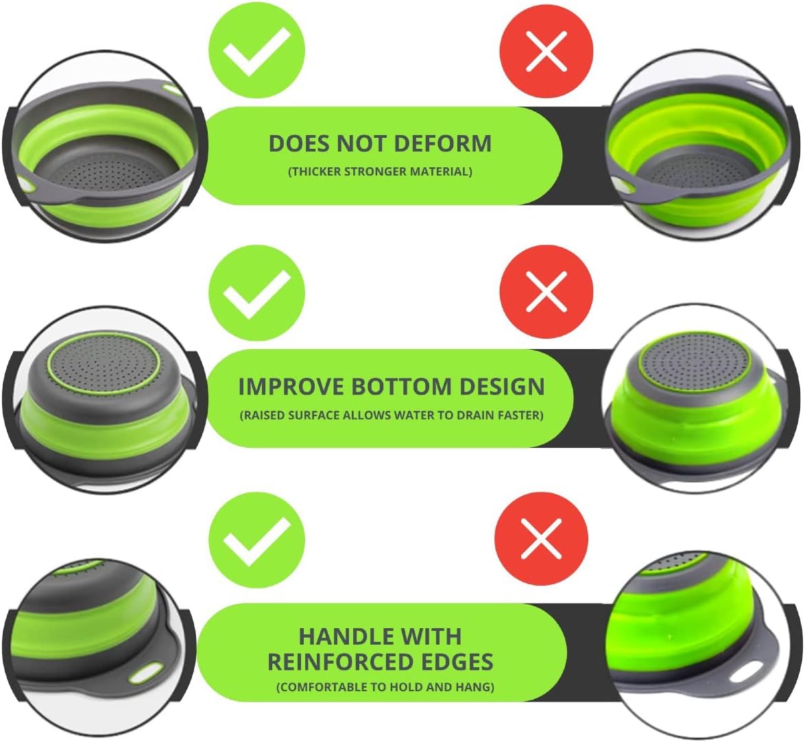 3PCS Green Foldable Kitchen Strainer Set – Silicone Colander Collapsible Strainers and Colanders Green Collander for Kitchen Collapsible Compact Drain Tools for Cooking Prep