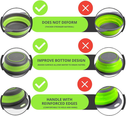 3PCS Green Foldable Kitchen Strainer Set – Silicone Colander Collapsible Strainers and Colanders Green Collander for Kitchen Collapsible Compact Drain Tools for Cooking Prep