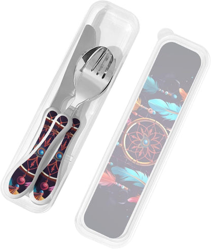 3-Piece Kids Silverware Set With Storage Case, Stainless Steel Reusable Children Safe Knife Spoon Fork Set Colorful Abstract Dragonfly Children Flatware Set For Kids Lunch Box