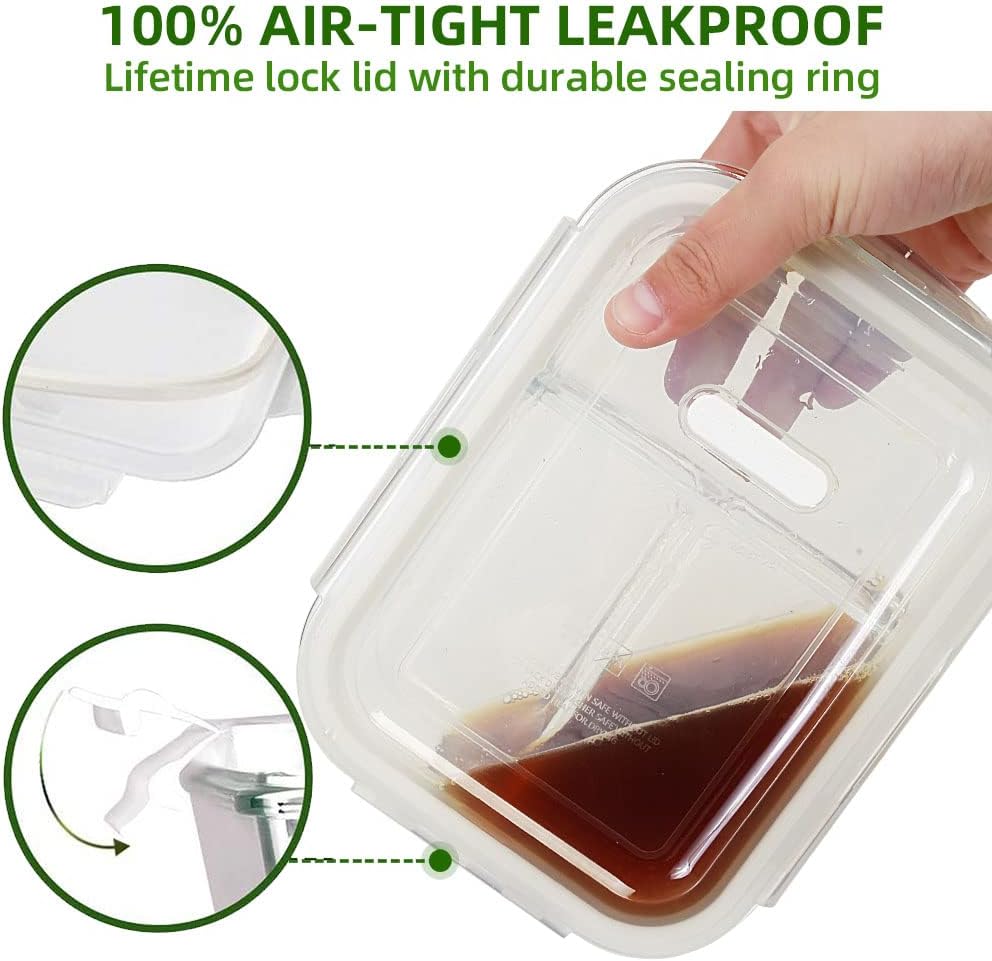 DAS TRUST 3 Pack Bento Box Glass Meal Prep Containers - 3 Compartment Glass Food Storage Containers with Lids - Lunch Box Meal Prep Bowls - Oven Safe