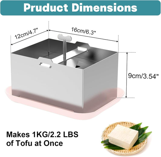 Tofu Press Stainless Steel,SUS304 Paneer Maker with Presser Towel & Drip Tray,Drainage System Hole for Making Up To 2 Pounds,Heavy Duty Easy-to-Use Kitchen Tool with Adjustable Pressure