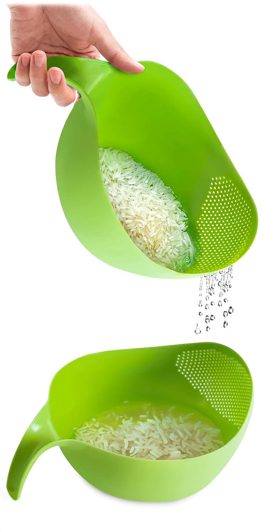 Rice Strainer with Handle - Lightweight Rice Washer Strainer Bowl with Smart Design for Easy Water Draining, Easy to Use & Clean ABS Plastic Colander with Handle for Cereals, Pasta, Vegetables, Fruits