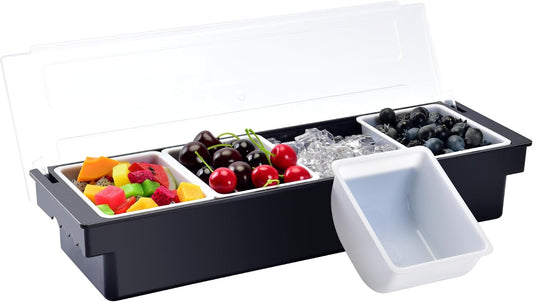 V·RESOURCING Ice Chilled Condiment Caddy,4 Containers(27oz) with Ice Chamber,Ice Cooled Condiment Serving Container with Lid for Salar Bar,Fruit,Veggie,Candy,Snack,Sauce