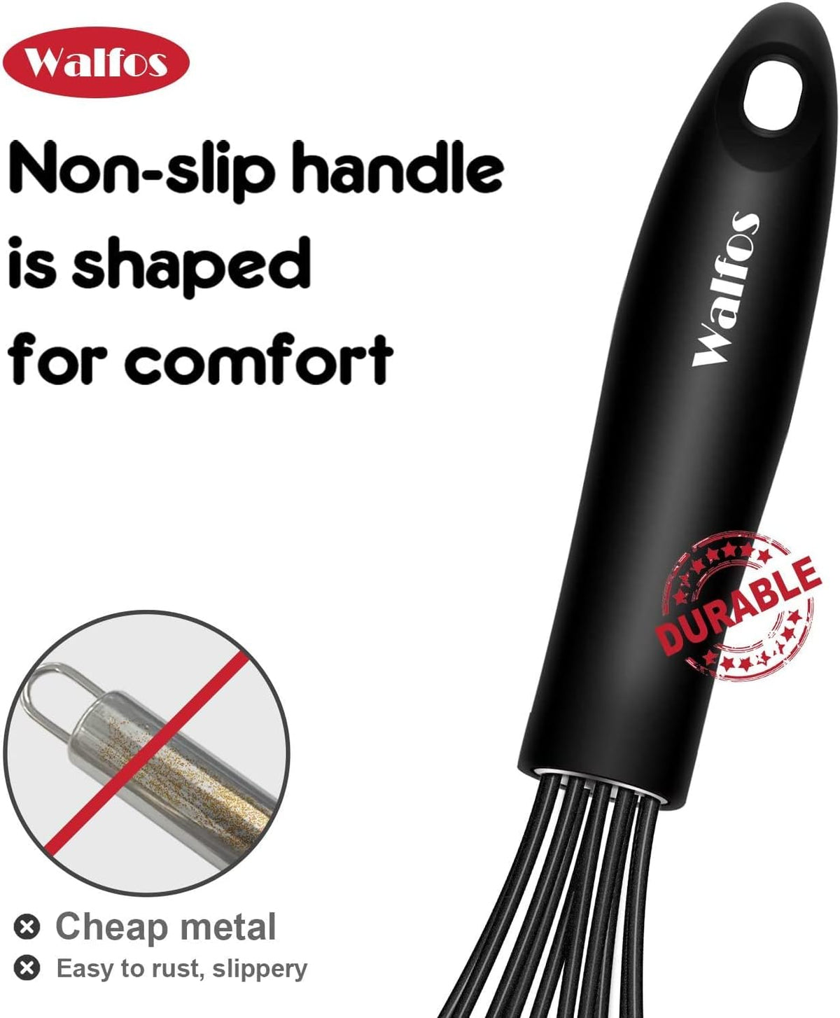 Walfos Silicone Whisk,Stainless Steel Wire Whisk -Heat Resistant 480°F Kitchen Whisks for Non-stick Cookware,Balloon Egg Beater Perfect for Blending,Whisking,Beating,Frothing & Stirring,Black