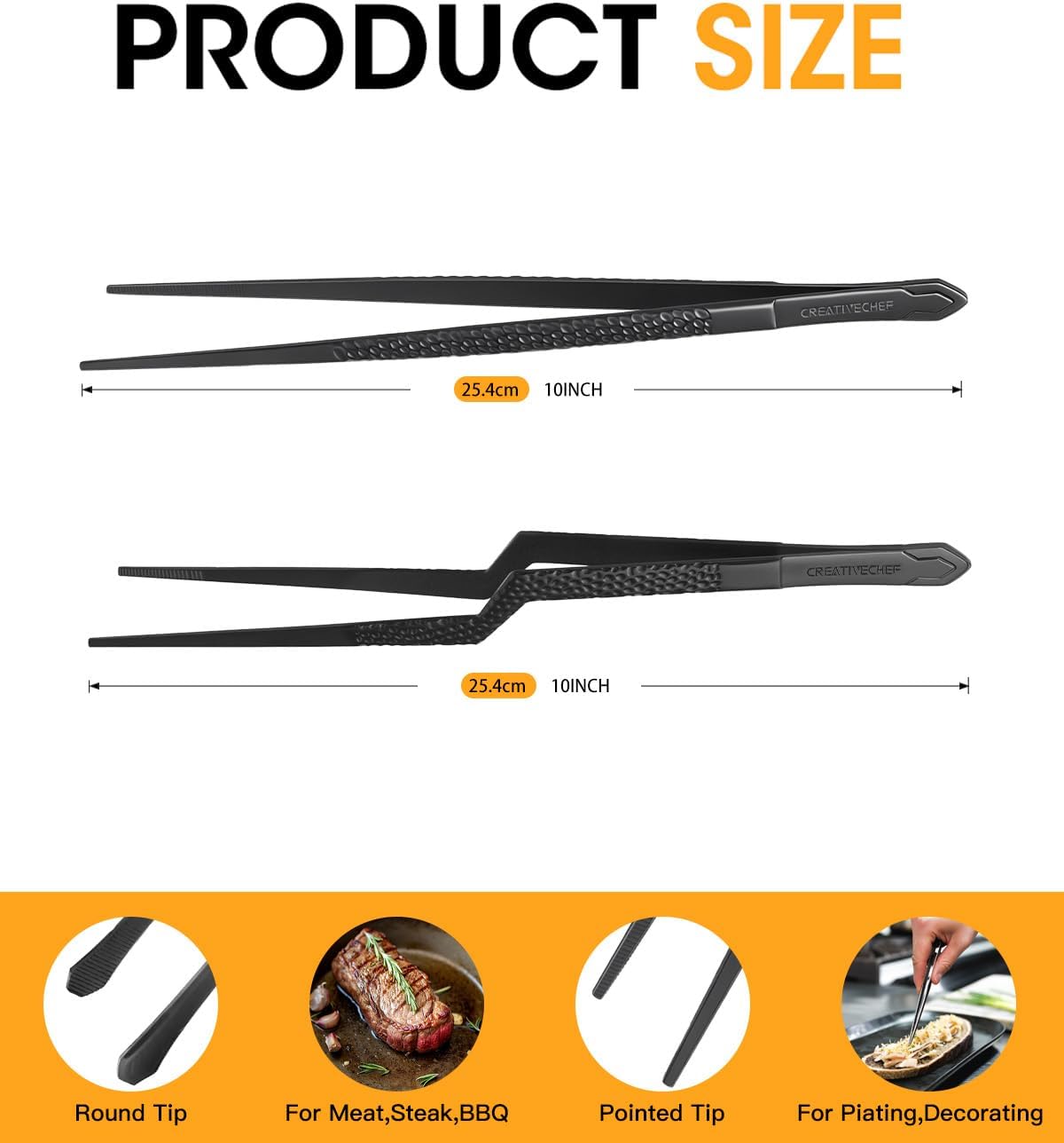 CREATIVECHEF 10" Chef Tweezer Tongs, Professional Kitchen Tweezers, 10 inch Straight Precision Tweezer Tongs for Cooking, BBQ, Plating, Stainless Steel, Black (1)