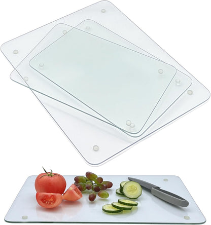 Set of 4 Tempered Glass Cutting Boards for Kitchen, Clear Chopping Board with Non-slip Rubber Feet for Countertop, Rectangle Chopping Block Long Lasting Shatter-Resistant Heat-Resistant, 2 Size