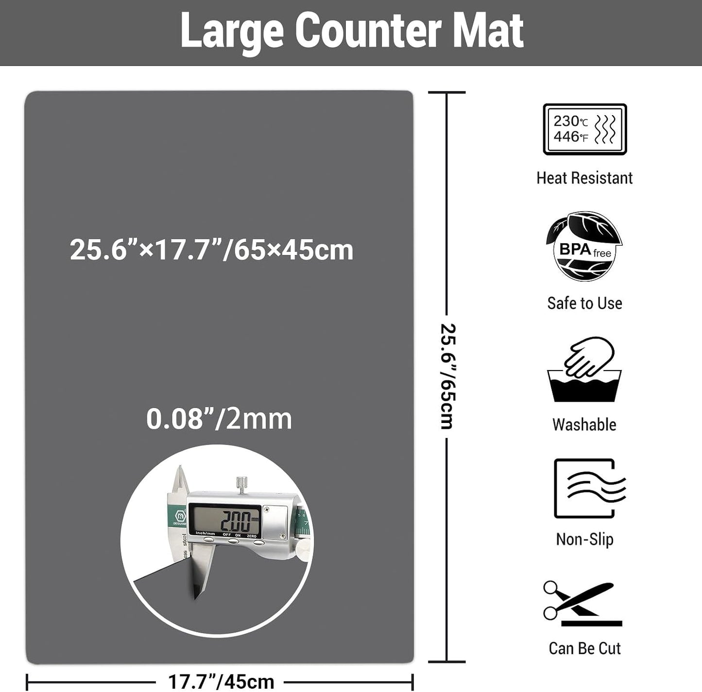 Ewen 25.6x17.7in Large Silicone Kitchen Counter Mat, 2mm Thick Heat Resistant Countertop Protector, Baking Silicone Mat under Air Fryer Toaster Oven Microwave Coffee Maker Cutting Board Drill Black
