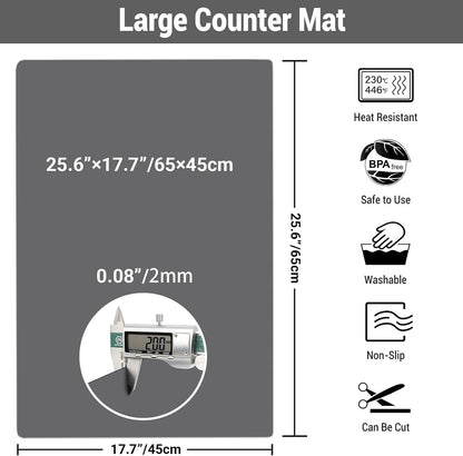 Ewen 25.6x17.7in Large Silicone Kitchen Counter Mat, 2mm Thick Heat Resistant Countertop Protector, Baking Silicone Mat under Air Fryer Toaster Oven Microwave Coffee Maker Cutting Board Drill Black