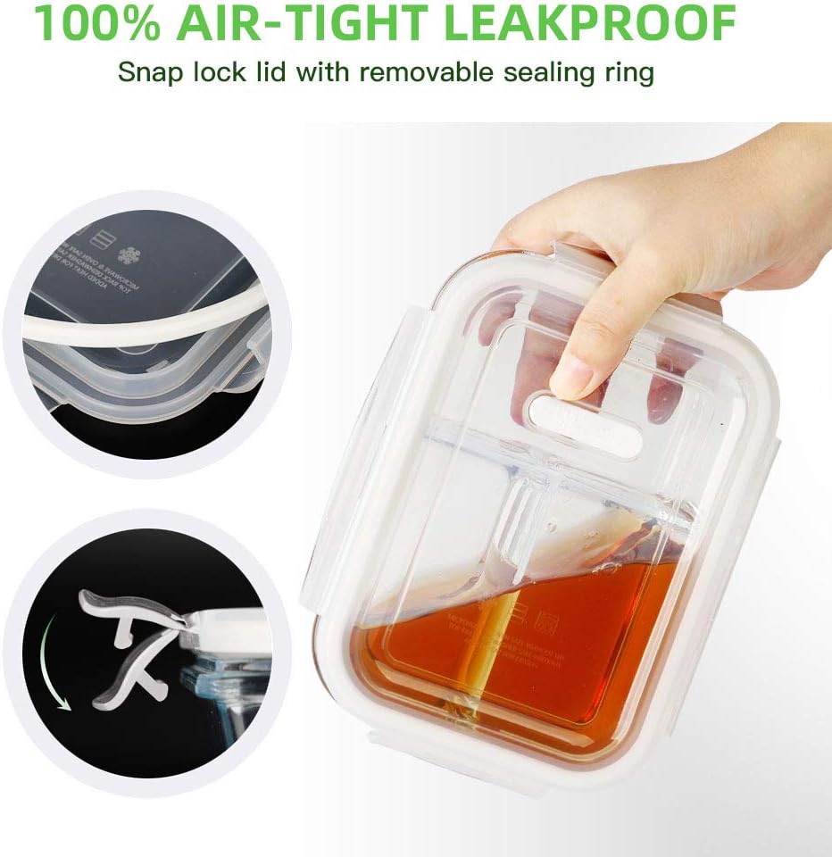 DAS TRUST 3 Pack Bento Box Glass Meal Prep Containers - 3 Compartment Glass Food Storage Containers with Lids - Lunch Box Meal Prep Bowls - Oven Safe