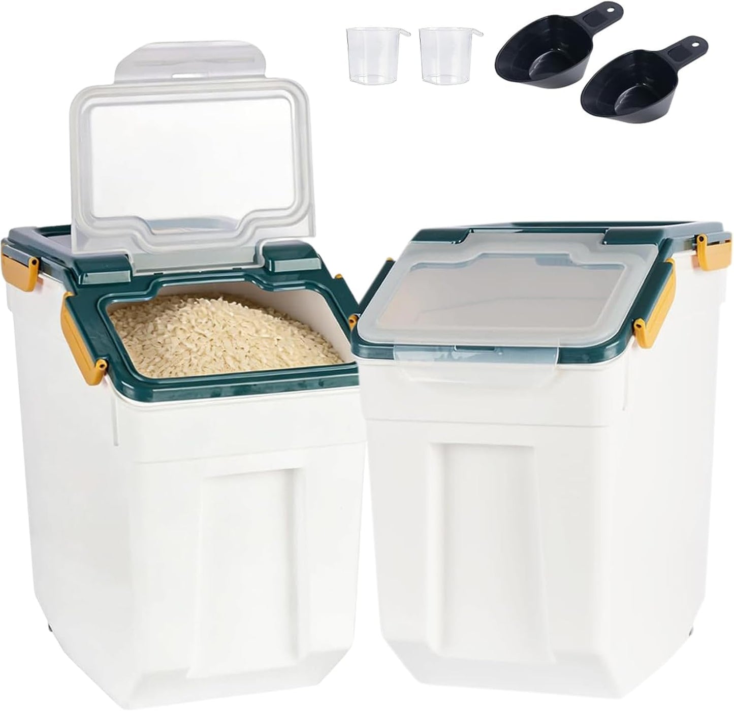 AnRui Airtight Flour Storage Container 25lb, Plastic Grain Storage Bucket, Rice Cereal Dispenser Organizer Box with Lid, Cat Dog Food Storage Bin with Measuring Cup, Scoop, Wheels, 2Pcs Green