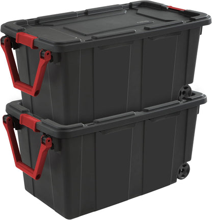 Sterilite Heavy Duty 40 Gallon Wheeled Industrial Storage Tote, 4-Pack, Black
