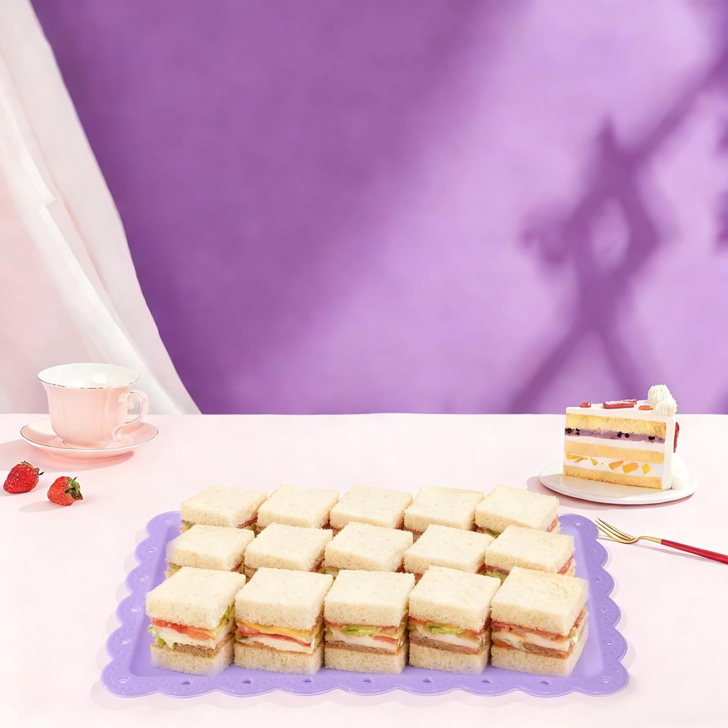 Set of 6 Plastic Serving Trays Food Tray - 14" x 9" Rectangle Serving Platter for Party Cafeteria Kitchen Restaurant , Small Flat Trays for Dessert Fruit Cookie Snack (6, White)