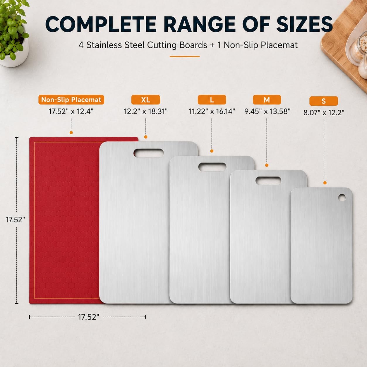 4 Pcs Stainless Steel Cutting Board, Metal Cutting Boards for Kitchen, Dishwasher Safe Chopping Board with Extra Anti-Slip Placemat (17.9"×11.8", 15.3"×11", 13.4"×9", 11.4"×7.8")