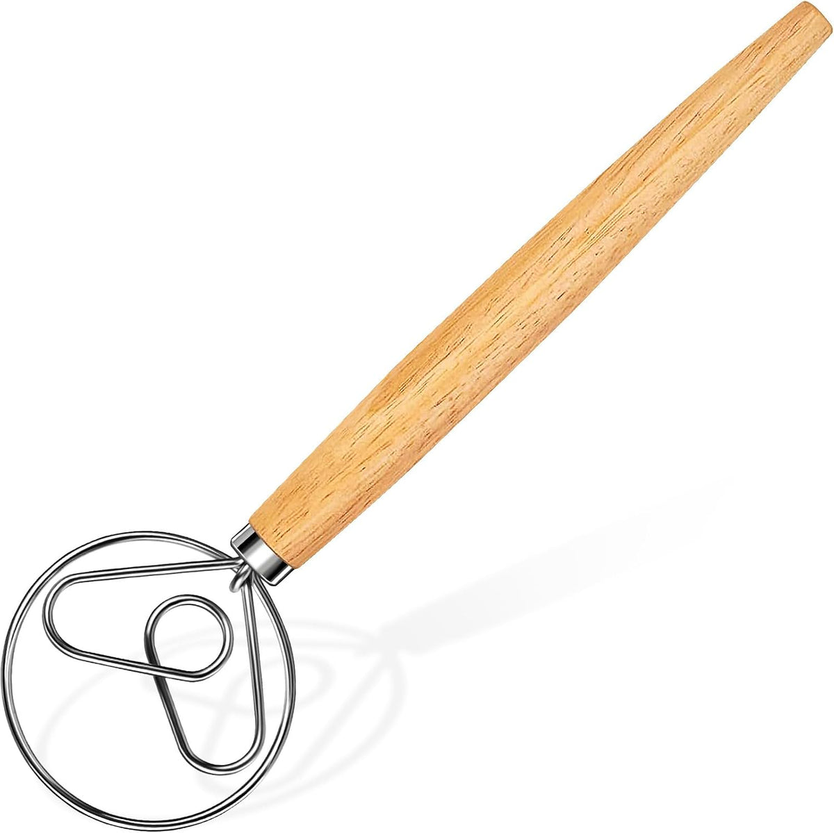 Hand Whisk Stainless Steel Dough Hook Dutch Whisk for Sourdough Bread Dough Mixer Hand Wooden Handle Kitchen Whisking Mixing Tool Bread Making Tools (1 eye)