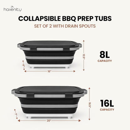 BBQ Prep Tub 2 Pack (8L+8L) - Multifunctional Collapsible Camping Cutting Board with Upgraded Locking Lid, Meal Prep Meat Storage Container Perfect for Grilling, Outdoor Cooking (Large x 2)