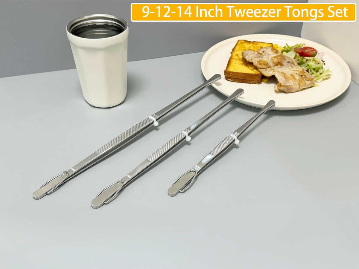 JETKONG 3 Pcs Extra Long Kitchen Tweezers 9 12 14 Inch Heavy Duty Stainless Steel Cooking Tweezers (Round Tips, Silver)