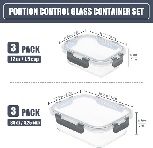 6 Pack Glass Food Storage Containers with Airtight Lids, Meal Prep Containers for Lunch, Leftovers, BPA Free (Grey)