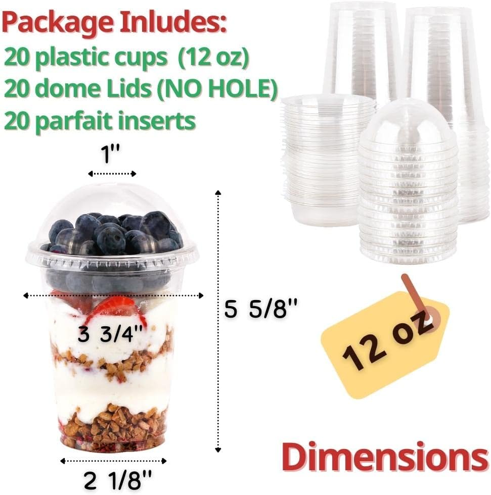 Aatriet 12 oz Clear Plastic Parfait Cups with Insert 3.25oz & Dome Lids No Hole - (20 Sets) Yogurt Fruit Parfait Cups, for Dips and Veggies, Take Away Breakfast and Snacks. No Leaking