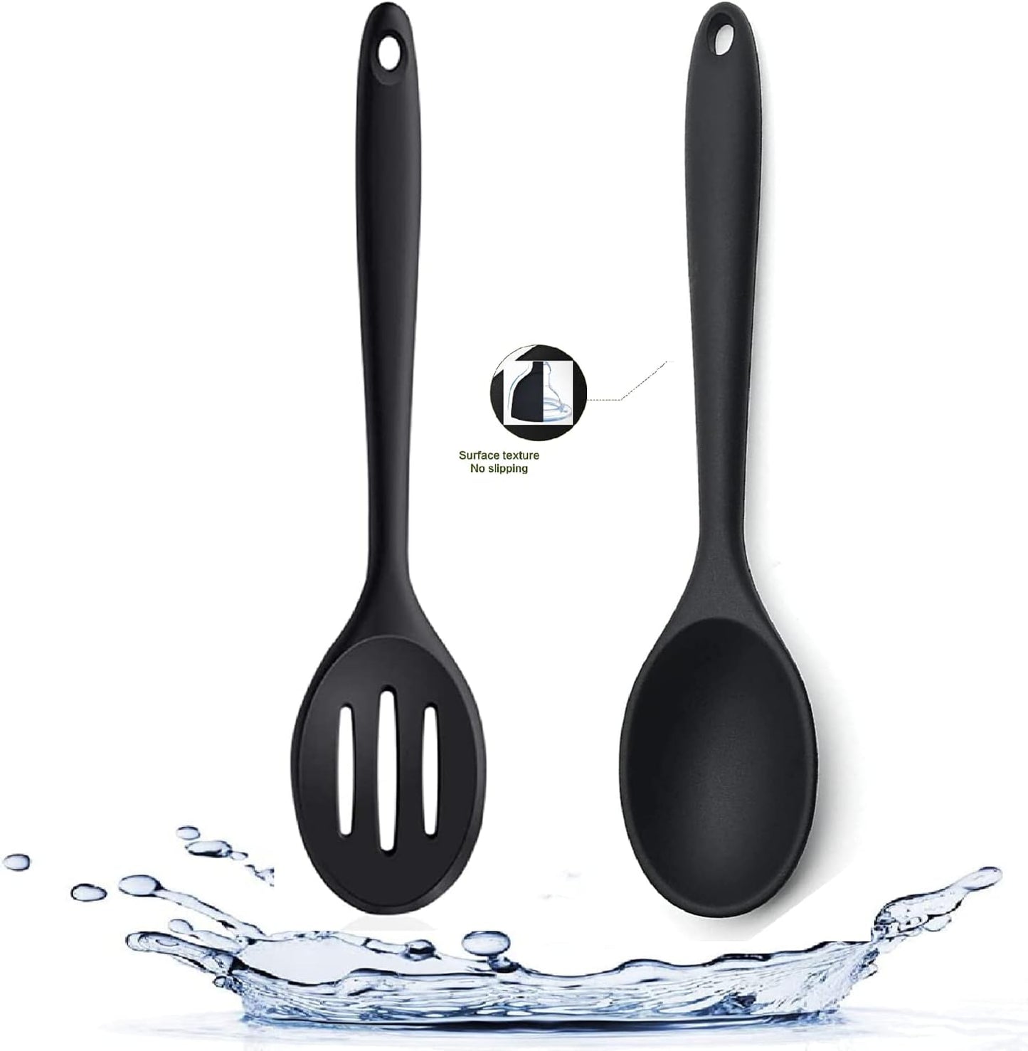 Silicone Nonstick Spoon Set, Slotted & Solid Cooking Spoon 2PCS For Cooking Heat Resistant kitchen Rubber Spoons For Mixing, BPA Free (Casual Black)
